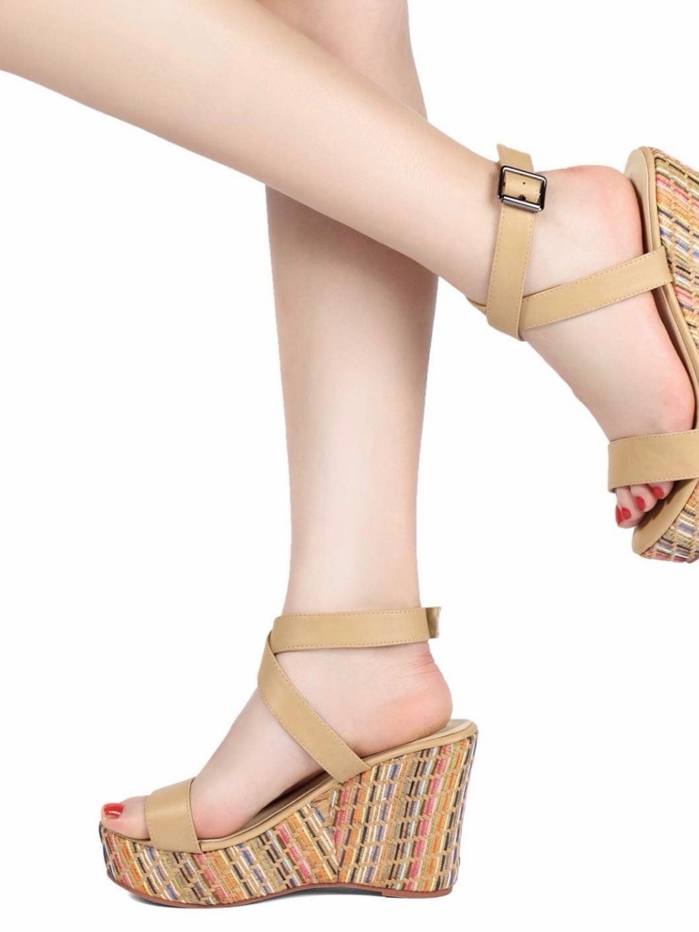 Neutral Beige Strappy Wedge Sandals with Multi-Colored Raffia Platform